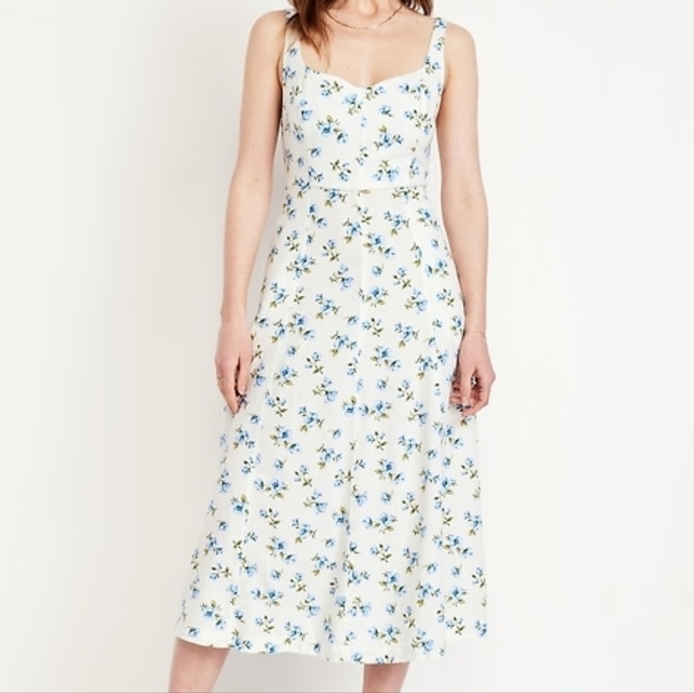 NWT - Old Navy Linen Blend Fit & Flare "Blue Floral" Midi Dress - Size XXL Tall